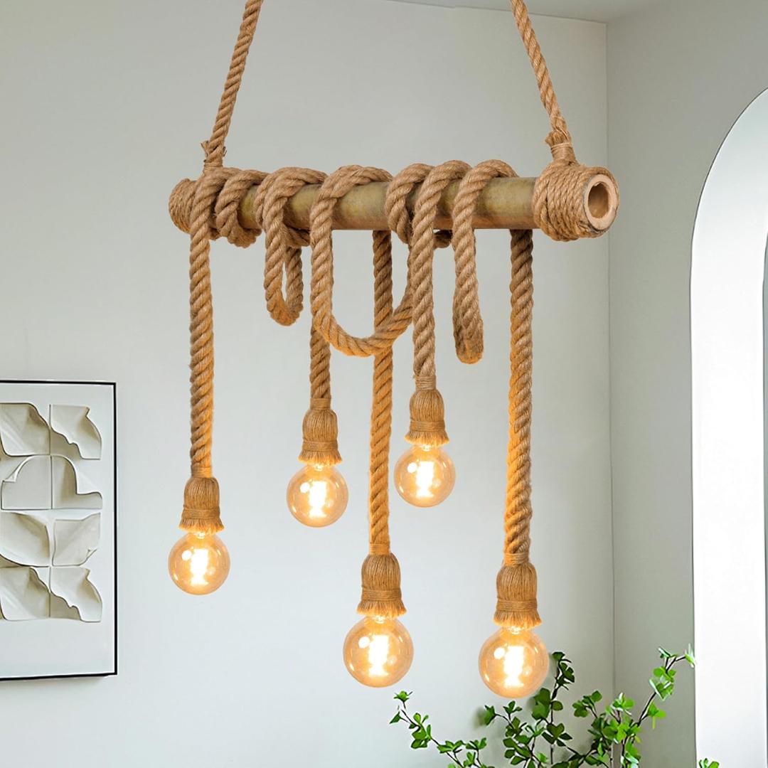5-Light Farmhouse Chandelier Dining Room Light Fixture, Natural Bamboo & Hemp Rope Pendant Lights Kitchen Island, Boho Rustic Hanging Pendant Lighting for Bar Cafe Bedroom Living Room Decor