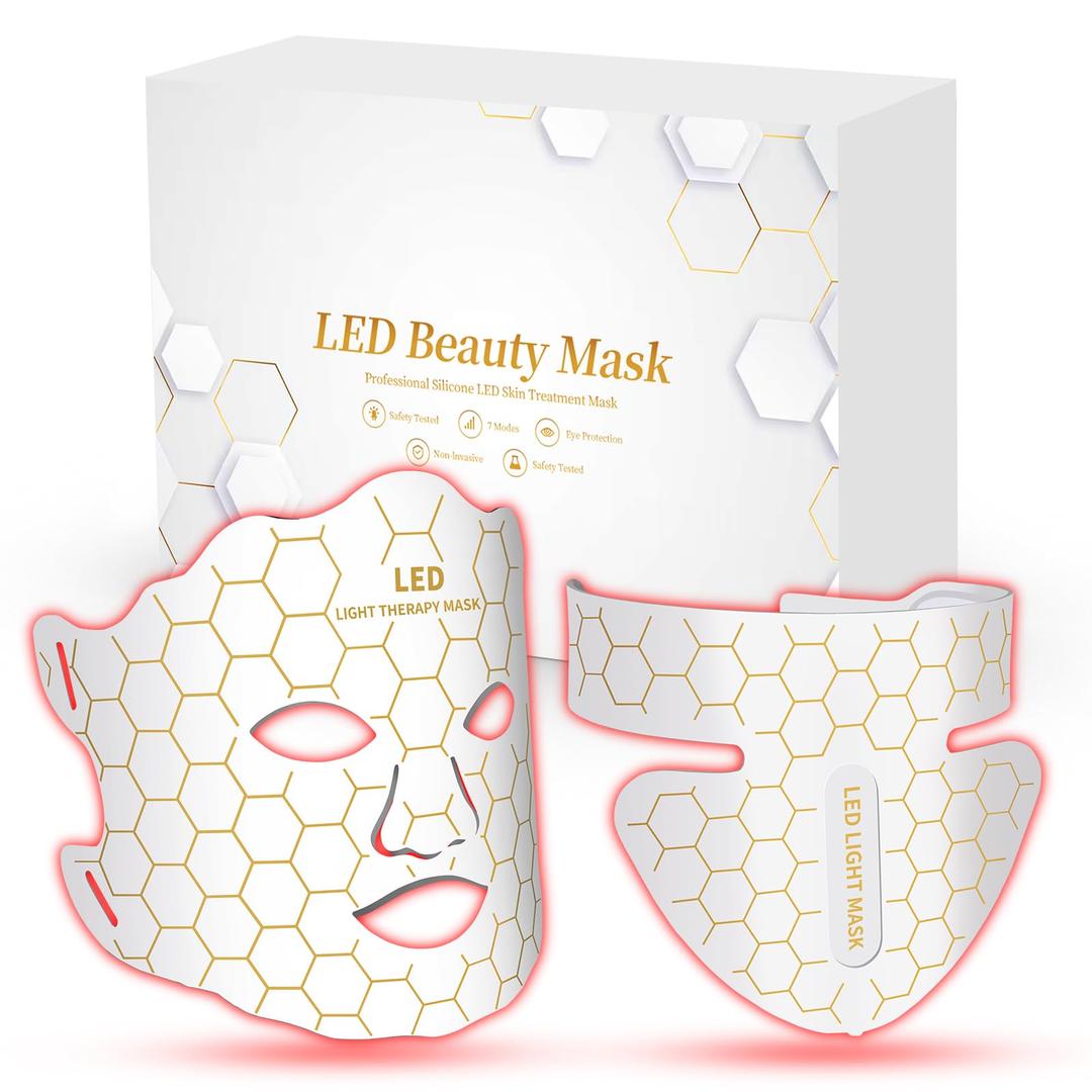 Yahi Red Light Photon Facial & Neck Mask with Remote Control, 7 Custom Modes with Infrared, Portable & Rechargeable with Timer for Home Use, 175 High-Density Light Beads, White