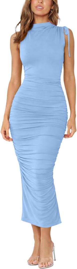 IHOT Women's Mock Neck Sleeveless Mesh Back Slit Ruched Bodycon Wedding Guest Cocktail Evening Party Midi Dresses, Size: S