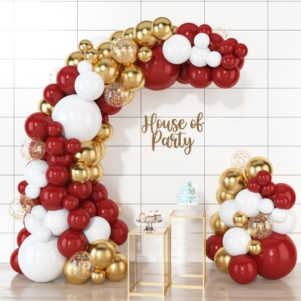 HOUSE OF PARTY Red and Gold Balloons Garland Kit 99 count - Balloons with Gold Confetti Balloons, Crimson and Gold Party Decorations for Wedding Anniversary, Valentines Day Party Decorations