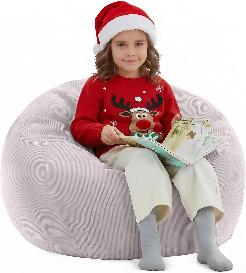 Nobildonna 3 ft Bean Bag Chair Cover (No Filler) 35"43" Large Stuffed Animal Storage Bean Bag Washable Big Beanbag Chair Cover Premium Corduroy Bean Bag Cover for Adults,Kids,Light Grey 300L
