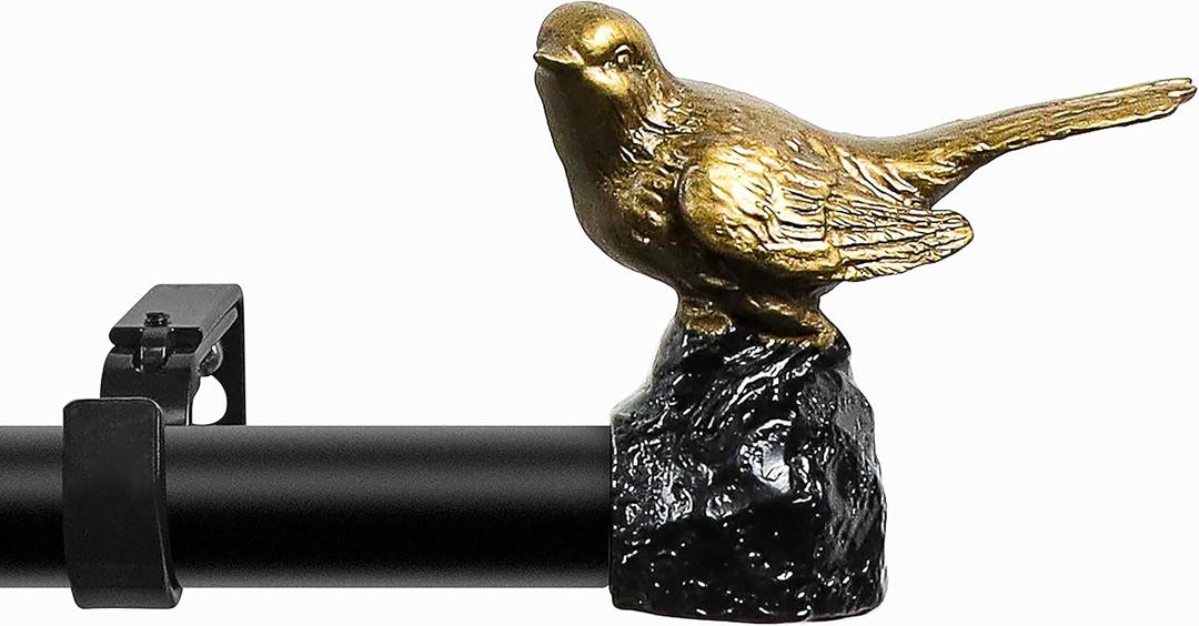 Meriville 1-Inch Diameter Single Window Treatment Curtain Rod, Renaissance Gold Bird Finials, 84-Inch to 120-Inch Black Rod