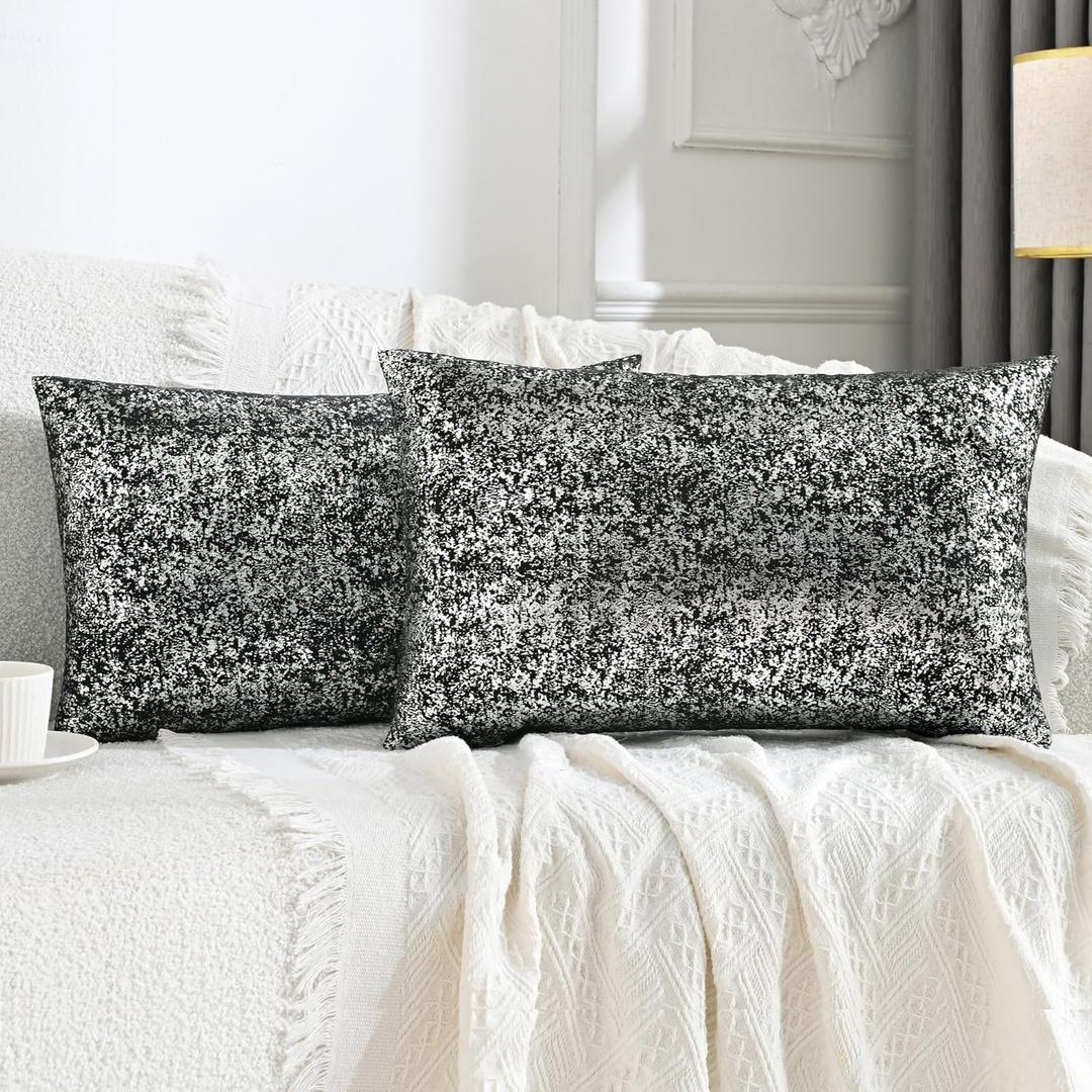 JELLYMON Sparkling Decorative Pillow Covers Set of 2, Silver Glitter Throw Pillows Cover 12 x 20 Inch for Living Room Bed Sofa Couch, Morden Home Luxury Decor(12x20in,Silver Black)