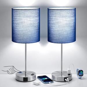 Blue Touch Lamps for Nightstand Set of 2 - Bedside Table Lamp for Bedroom with Dual USB Ports & AC Outlet, 3-Way Dimmable Lamps for Living Room Boys Room, Night Light with 5000K Daylight Bulbs