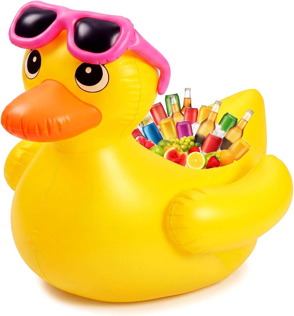 49" Giant Inflatable Duck Drink Cooler with Pink Sunglasses Inflatable Duck Ice Bucket Large Blow up Pool Float for Summer Beach Swimming Pool Hawaiian Birthday Party Decorations