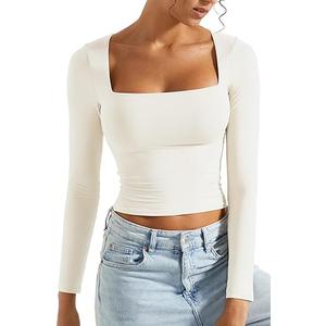SUUKSESS Women Square Neck Long Sleeve Tops Double Lined Going Out Basic Full Length T Shirts (White,L)