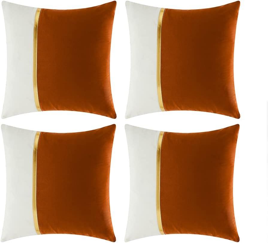 Fancy Homi 4 Packs Fall Decorative Throw Pillow Covers 18x18 Inch for Living Room Couch Bed, Brunt Orange and White Velvet Patchwork with Gold Leather, Luxury Home Decor Square Cushion Case 45x45 cm