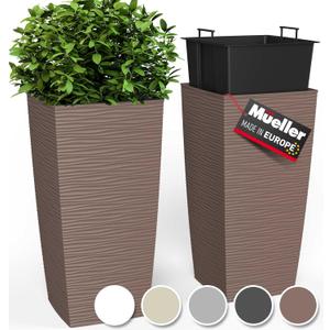Mueller M-Resin Heavy Duty Tall Planters for Outdoor Plants, Indoor Grande Plant Pots, Boxes, Trees, Flower Pots, 2-Piece Set, 24, Modern Design, Built-in Drainage, Front Porch Decor, Mocha (24 x 11.5")