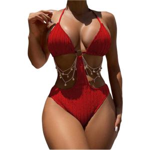 OYOANGLE Women's Ring Linked Cut Out One Piece Swimsuits Textured Tie Backless Halter Bathing Suit Monokini (Medium)