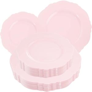WDF 60pcs Pink Plastic Plates - Baroque Pink Disposable Plates Including 30 Pink Dinner Plates 10.25inch, 30 Pink Dessert Plates 7.5inch for Upscale Wedding &Parties
