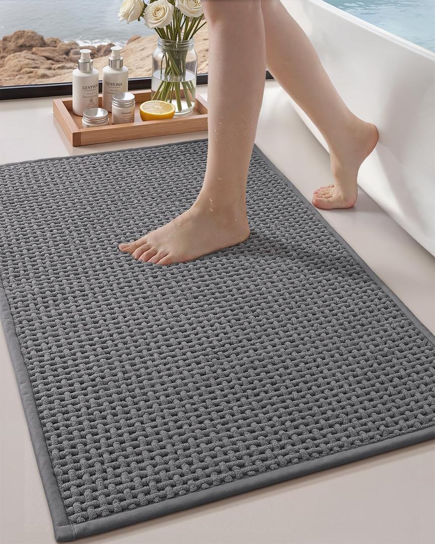 Color&Geometry Rubber Backed Waffle Bath Mat 36x24, Non Slip Machine Washable Bathroom Rugs, Soft Absorbent Chenille Boho Carpet for Bathroom Floor, Tub and Shower, Grey