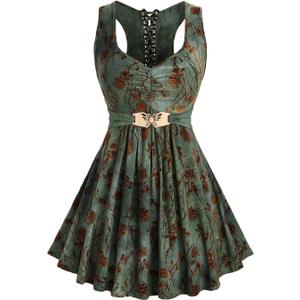 ROSE GAL Plus Size Womens Flowy Summer Racerback Tank Top Flower Elegant Flocking Ruched Butterfly Back Lace-up Casual Tunic Blouse Top Sleevesless V NEC Shirt(Green_1/L)
