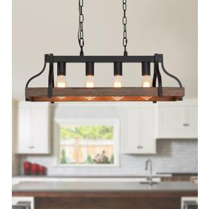 Rustic Kitchen Island Dining Room Light Fixture Farmhouse Linear Chandelier Black and Retro Wood Finish 4-Light Industrial Metal Hanging Pendant Light UL Listed L28.3 W10.6