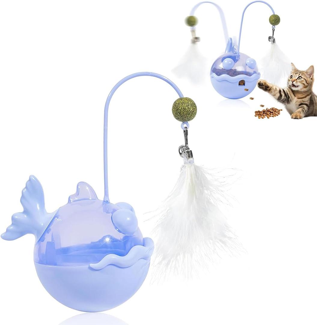 Cat Interactive Toys,Wobble Kitten Treat Dispensing Ball with Catnip and Feathers, Indoor Puzzle Slow Feeding, Cats Treat Dispenser Kicker Toy for Large, Medium and Small Cats (Blue, Fish