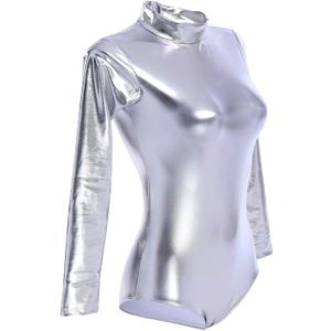 Odizli  Metallic Unitard Toddler Sparkly Tumbling Gymnastics Dance Leotard Mock Neck Long Sleeve Zipper Back Bodysuit L