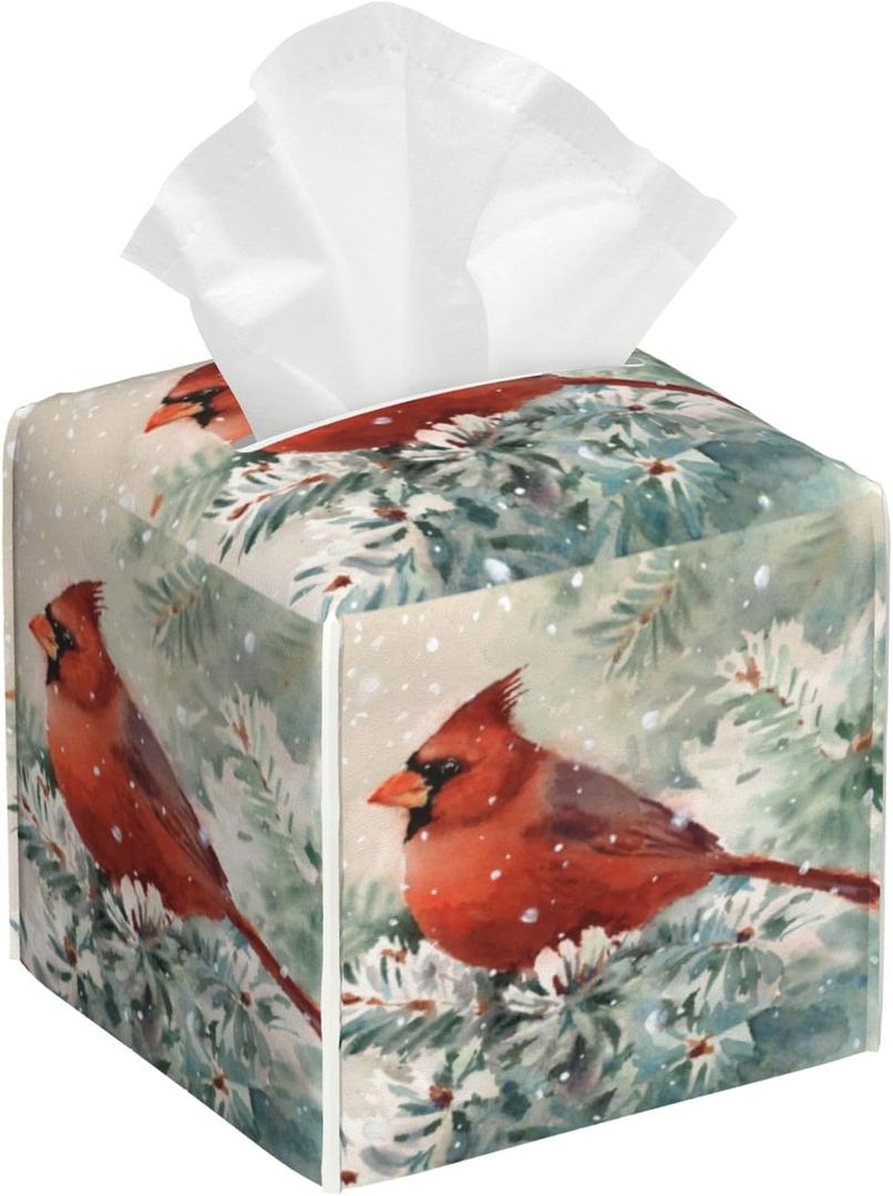 Tissue Box Cover, Winter Christmas Cardinal Bird Pu Leather Square Tissue Box Cover Case Organizer Cube Box Holder for Bathroom Vanity Countertop, Night Stands, Office Desk & Car 5.2X5.2X5.2'' (Color13)