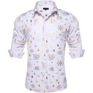 DiBanGu Christmas Shirts for Men Holiday Button Down Snowflake Dress Shirts Xmas Festival Long Sleeve Shirt for Vacation (3X-Large, White Gold)