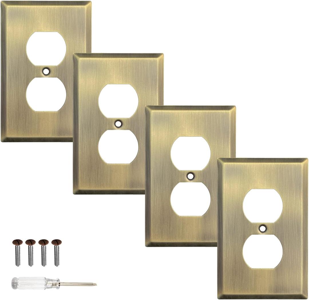 Wall Plate, Metal Duplex Outlet Covers, Light Switch Cover - Decorative Outlet Cover Plate Variety of 13 Styles: Decorator/Duplex/Toggle/Combo, Antique Brass (Single Duplex 4 Pack)