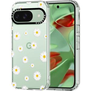 MOSNOVO Case for Google Pixel 9 & Pixel 9 Pro, [Buffertech 6.6ft Military-Grade Drop Protection] [Anti Peel Off Tech] Clear TPU Bumper Phone Case Cover Design - White Daisy