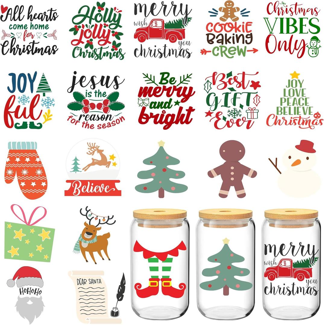 Christmas UV DTF Cup Wrap, 20 Sheets Merry Christmas UV DTF Cup Wraps for 16 oz Glass, Cute Joy to The World UVDTF Decals Transfer Stickers Waterproof Rub On Transfers for Crafting, Xmas Gift