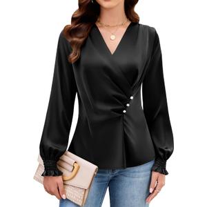 Blooming Jelly Womens Business Casual Blouses Dressy Work Tops Fall Fashion 2026 V Neck Pleated Long Sleeve Shirts (Black, L)