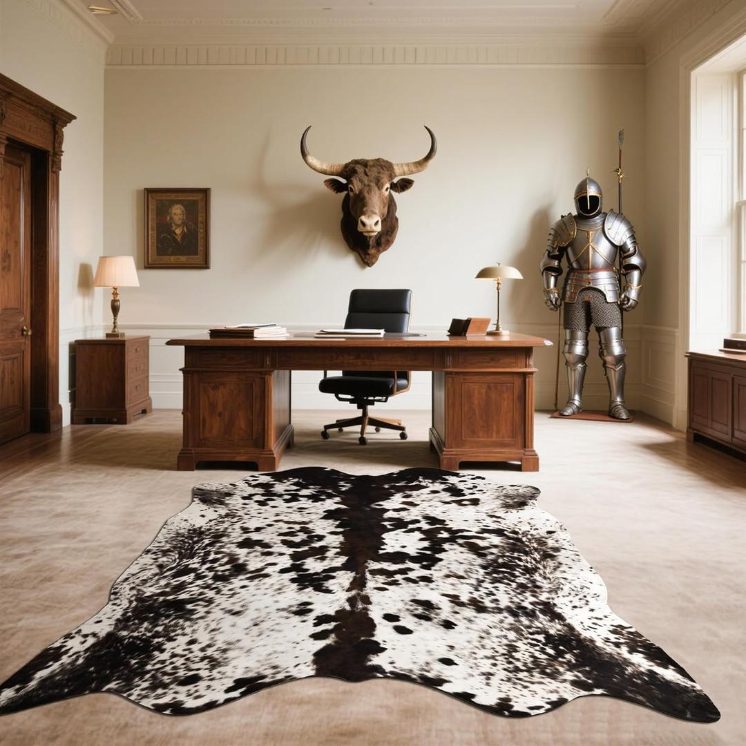Faux Cowhide Rug, 4.6 x 5.2 ft Cowhide Rug for Living Room, Bedroom, Wall - Non-Slip,Brown White