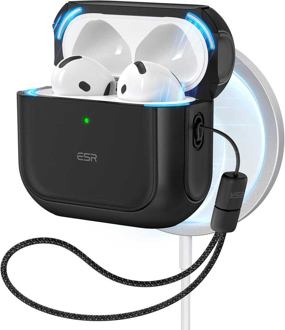 ESR for AirPods 4 Case, Compatible with AirPods 4th Generation Case (2024) (USB-C), Compatible with MagSafe, Drop Protection Cover with Lanyard, Magnetic Lid Lock, Orbit Hybrid Series, Black