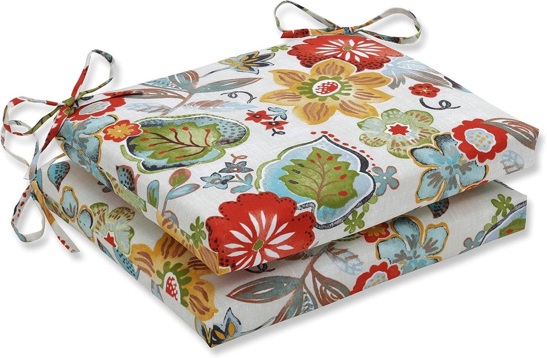 Pillow Perfect Bright Floral Indoor/Outdoor Chair Pad With Ties, 2 Count, 20" x 20", Ivory Alastriste