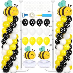 2 Sets Bee Birthday Party Balloon Column Stand Kit With 102 Bumble Bee Foil 5.57Ft Adjustable Balloon Tower Stand With Base Honey Bees Arch Column for Gender Reveal Birthday Baby Shower Party Supplies