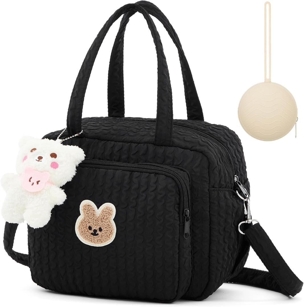 Small Diaper Bag Tote, Multifunction Bag with Silicone Pacifier Holder Case Travel Crossbody Handbag (Black)