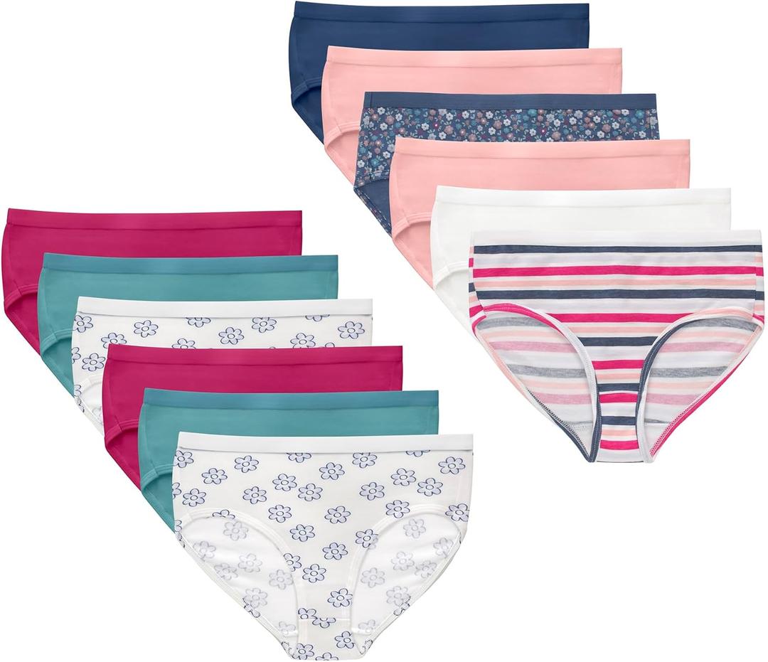 Hanes Girls' Cotton Stretch Underwear (14, Pink, Teal, Navy, Floral Prints, Stripe Print)