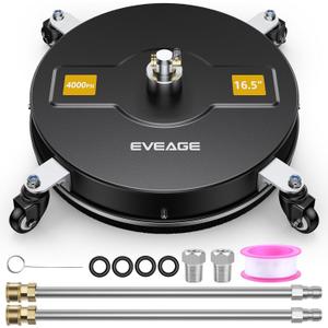 EVEAGE 16.5" Black Pressure Washer Surface Cleaner,Stainless Steel Power Washer Surface Cleaner w/Extension Wand, Wheels 4 and Replacement Nozzle - Powerful Pressure Washer Attachment for Driveways