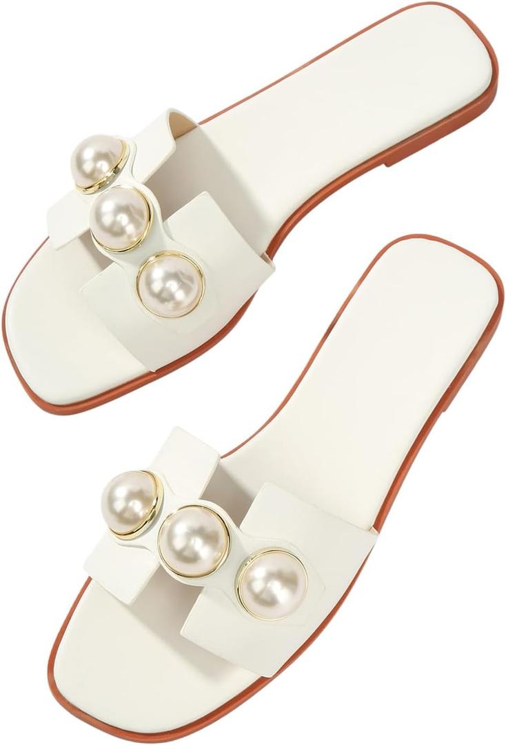 Verdusa Women's Flat Sandals Pearl Sandals Square Toe Summer Slip On Flat Shoes (White)