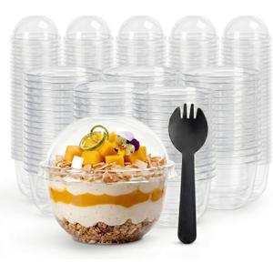 50 Pack Disposable Parfait Dessert Cups with Dome Lids 8.5oz & Black Sporks - Clear Parfait Cups for Yogurt, Fruit, Cupcakes -Plastic Charcuterie Cups for Party