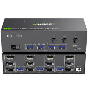 KVM Switch 3 Monitors 3 Computers 8K@60Hz 4K@144Hz, ANGEET HDMI and Displayport Triple Monitor KVM Switch, 3 Monitors KVM with 4 USB 3.0 Ports for USB Devices, Wired Remote and Power Adapter Included