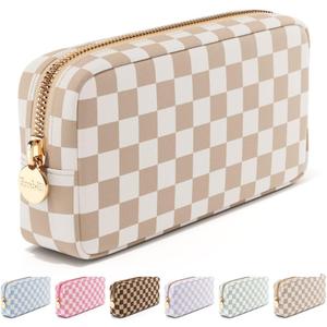 Embla Makeup Bag Travel Cosmetics Pouch and Toiletry Bag, Nylon Zipper Pouch Purse, Cute Make Up Organizer Storage Tote for Women Girls, Travel Skincare Case, Small Makeup Case, Sand Checkered, Beige