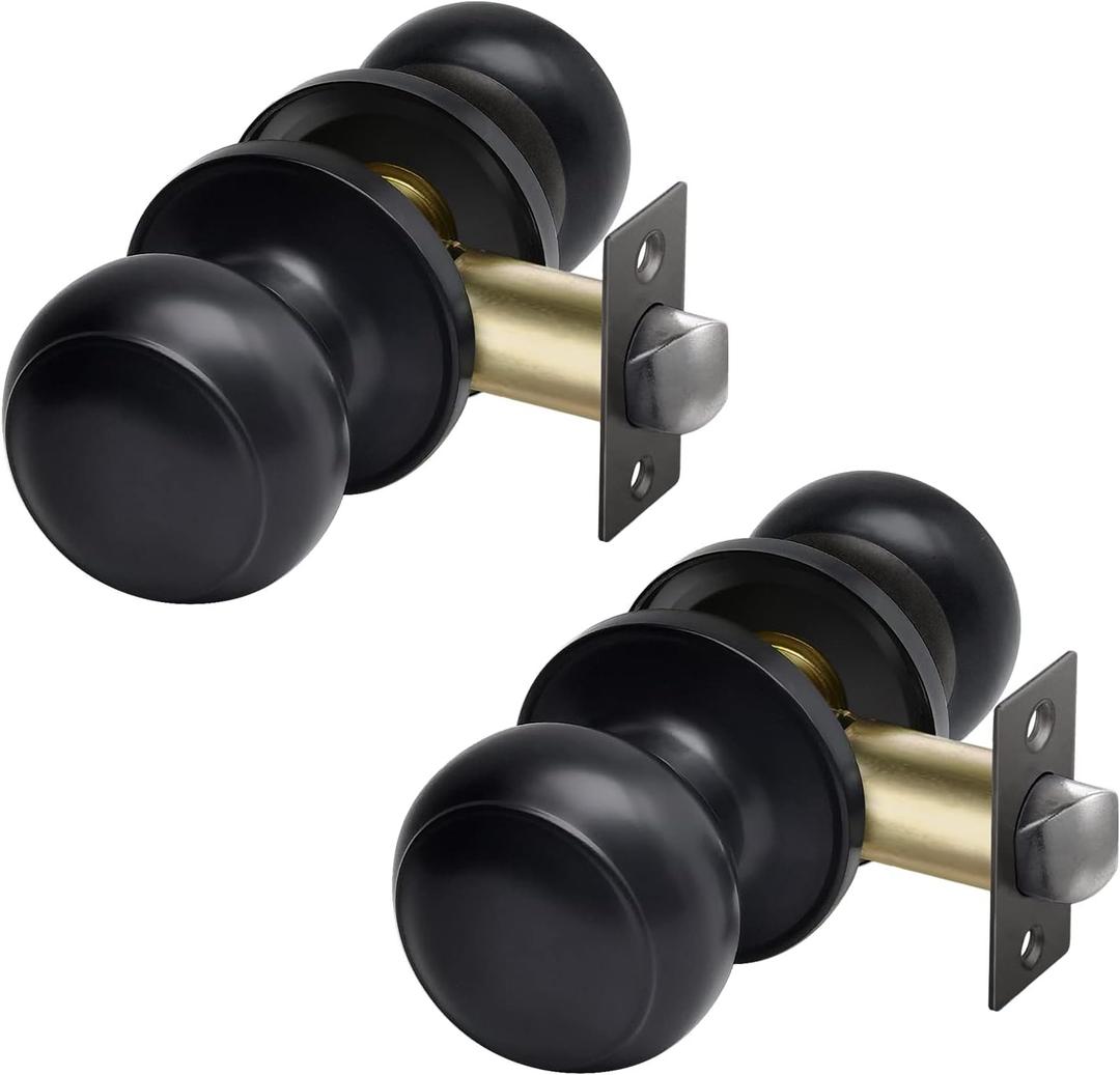 CML Hardware (2 Pack) Passage Door Knob for Hall/Closet, No Locking Interior Round Ball Handle in Solid Stainless Steel, Matte Black (2 Pack, Matte Black)