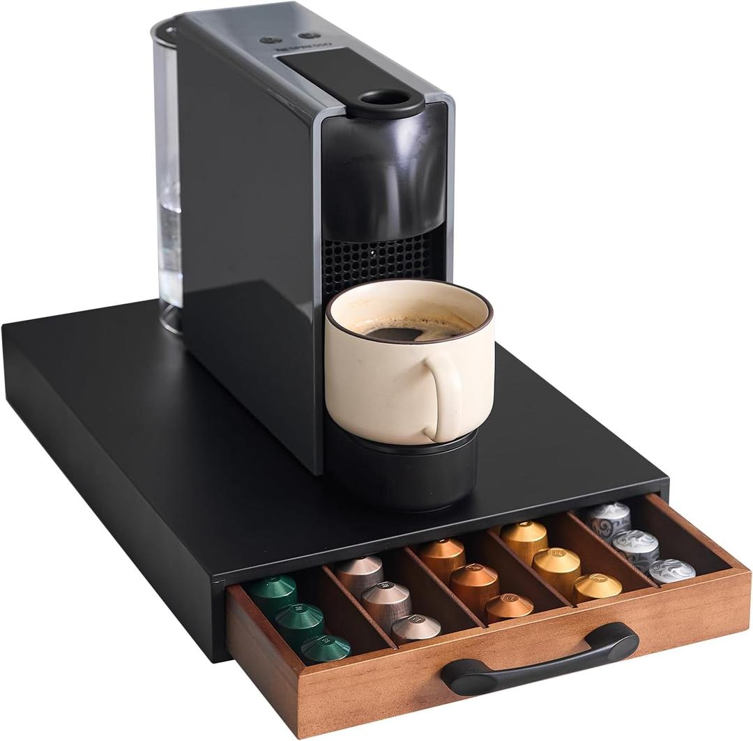 Coffee Pod Holder Compatible with Nespresso OriginalLine Capsules  50-Pod Acacia Wood Organizer Drawer with Smooth-Glide & Anti-Slip Base  Space-Saving Coffee Capsule Storage for Kitchen Countertops