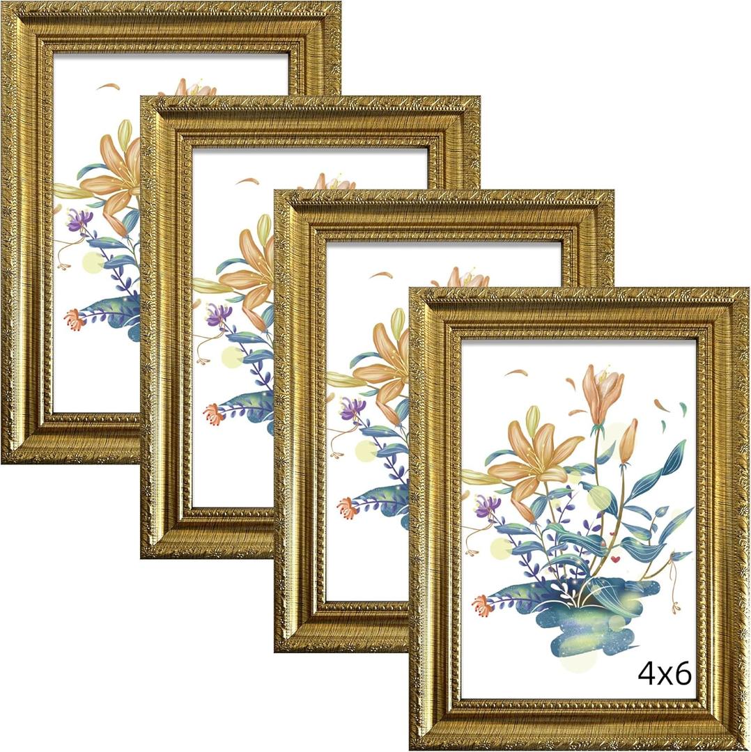 BESCRCL 4x6 Picture Frame Gold with Real Glass, Ornate Vintage 4 x 6 Photo Frames for Wall and Tabletop Display, Set of 4