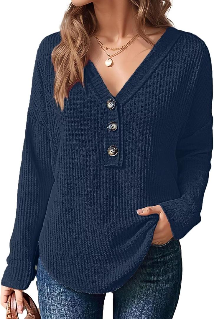 Flamingals Casual Long Sleeve V Neck Tops Solid Waffle Knit Button Front Shirts for Women M