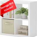 Bookshelf with Storage Bin, 4-Cube Storage Organizer, Modern Wood Open Bookcase, Multifunctional Display Shelf for Living Room, Bedroom, Home Office, White