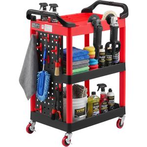 VEVOR 3 Tier Utility Cart on Wheels, 300 LBS Rolling Tool Storage with Pegboards & 360° Swivel Wheels (2 Brakes), Heavy Duty Plastic Rolling Cart for Garage, Warehouse & Repair Shop