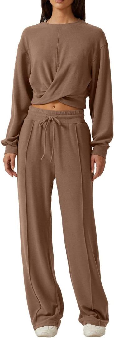 QINSEN Women 2 Piece Outfits Sweatsuit Set Twist Front Cropped Sweatshirt Wide Leg Sweatpant Lounge Set Tracksuit (Medium, Caramel)