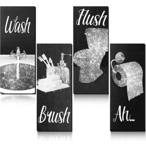 Chinco 4 Pcs Women Funny Wall Art Bathroom Decor 9.84 x 3.94 x 0.2 Inch Glam Bathroom Wall Decor Modern Women Funny Bath Wood Hanging Decoration for Home (Black, White)