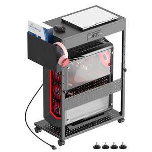 Adjustable Computer Tower Stand with Power Outlets & USB Charging, Heavy-Duty Rolling PC Stand, Under Desk CPU Holder Cart for ATX Case, Gaming PC, E-Sports & Home Office, Black