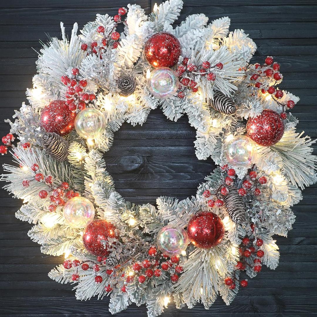 Christmas Wreath for Front Door 24" Christmas Wreath with Pine Branches, Berries, and Snowflake, Pine Cones, Red Ornaments Christmas Decorations Home Indoor and Outdoor Holiday Decor