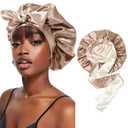 Satin Bonnet Silk Sleep Cap with Stretchy Tie Band for Curly Hair - Silk Hair Wrap (Coffee + Champagne)
