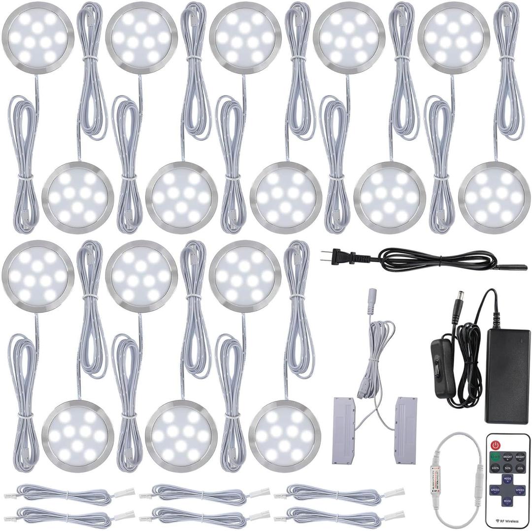 Under Cabinet LED Puck Lighting, Book Case Display Accent Lighting, Octopus Connection, 110VAC Wall Plug & Hard Wire, Inline Remote Dimmable, Cool White, 16 Lights