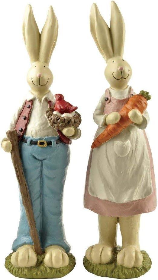 Easter Bunny Decorations Couple Rabbit Holding Bird Chutes and Carrot, Hand-Painted Crafts Statue, Spring Easter Bunny Figurine-9''H