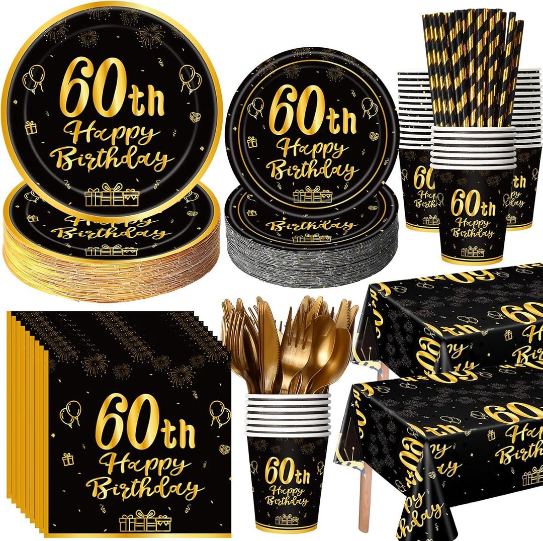 Funnymoom 452 Pcs 60th Birthday Party Decoration Supplies Black and Gold 60th Birthday Paper Plates and Napkins Cups Tablecloth Cutlery Straws Disposable Tableware for Cheers to 60 Years Anniversary